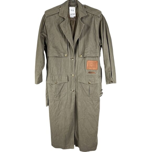 Together Women 8 Military Style Trench Coat Olive Green Leather Trim Grunge Goth - Picture 3 of 16